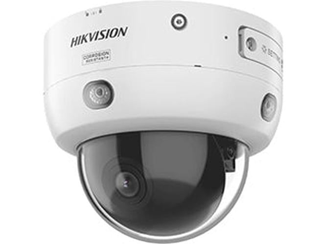 Witte Hikvision 4MP dome IP-camera met motorlens, actieve afschrikking en stroboscoop voor buitenbeveiliging.