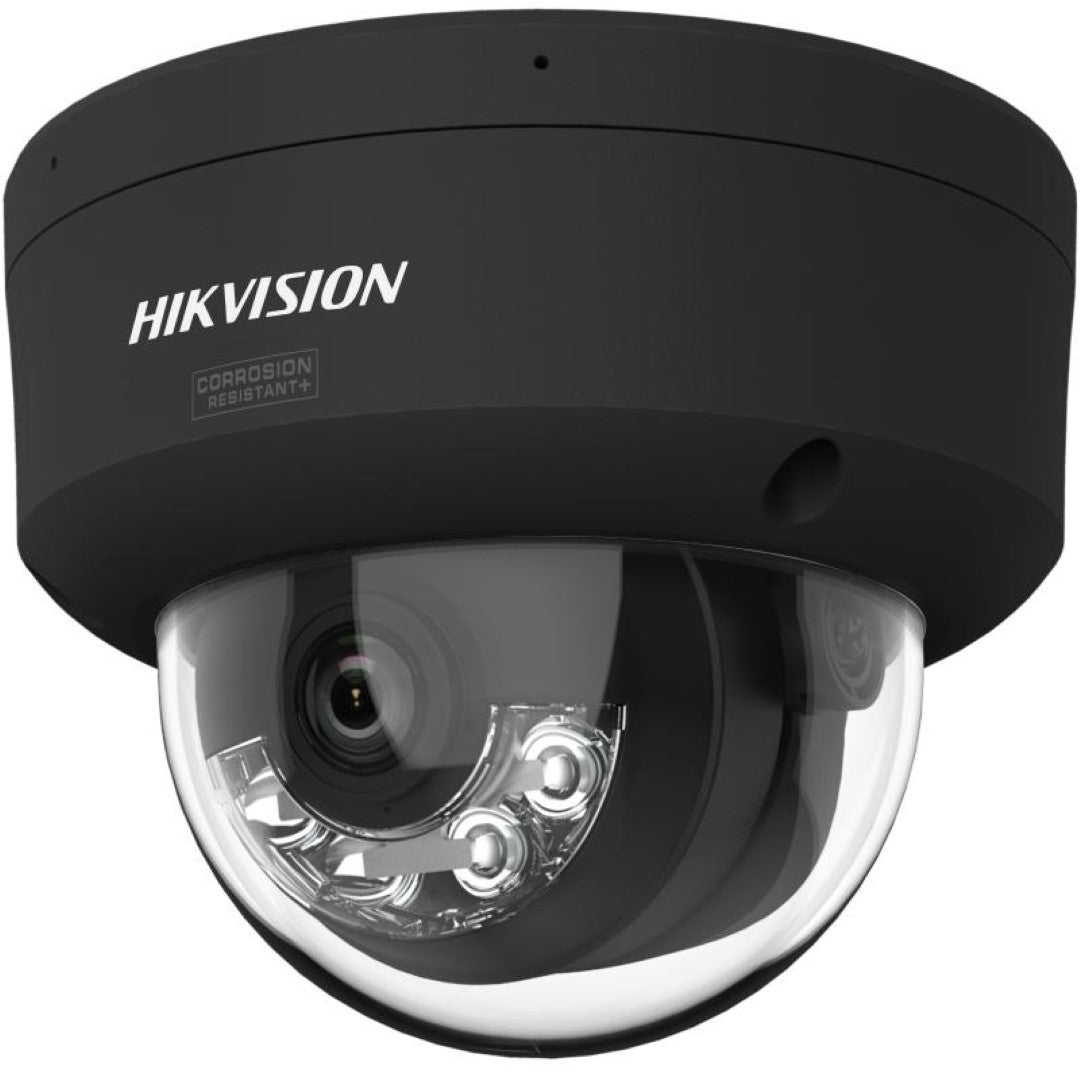 Zwarte Hikvision ColorVu G3 domecamera met 4MP lens en vandaalbestendige behuizing voor buiten.