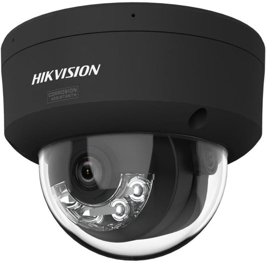 Zwarte Hikvision ColorVu G3 domecamera met 4MP lens en vandaalbestendige behuizing voor buiten.