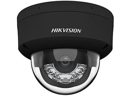 Zwarte Hikvision 8MP ColorVu dome camera met 2.8mm lens en actieve afschrikking voor 24/7 kleurrijke bewakingsbeelden.