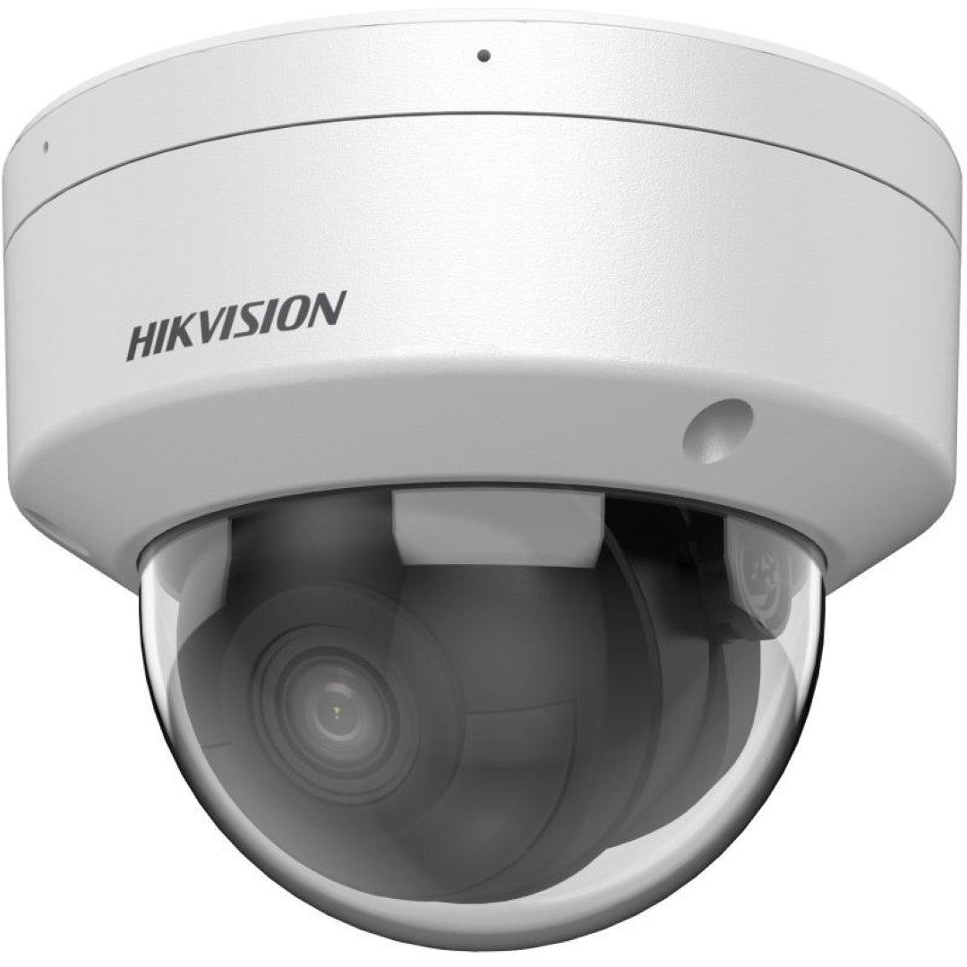 Witte Hikvision 8MP AcuSense dome beveiligingscamera met transparante koepel en DarkFighter-technologie.