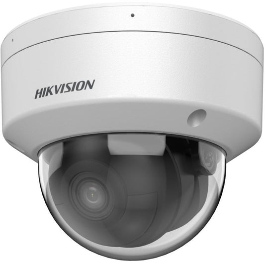 Witte Hikvision 8MP AcuSense dome beveiligingscamera met transparante koepel en DarkFighter-technologie.