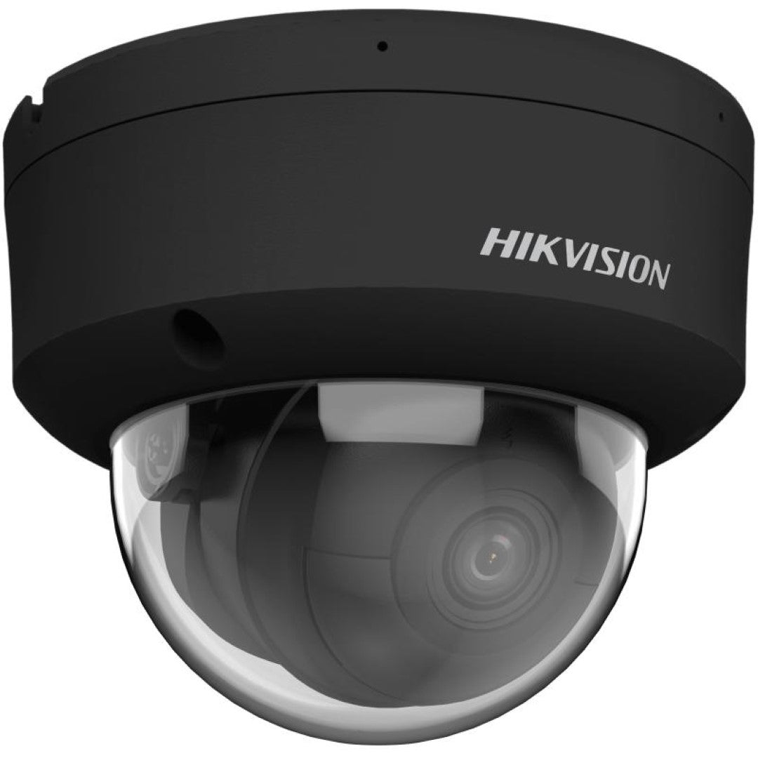 Zwarte Hikvision 8MP AcuSense dome IP-camera met transparante koepel voor buitenbeveiliging.