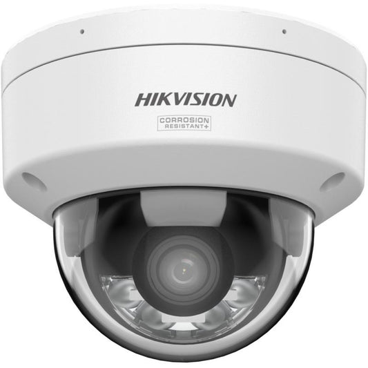Witte Hikvision 8MP ColorVu domecamera met corrosiebestendige behuizing en 2.8mm lens voor 24/7 kleurbeelden.