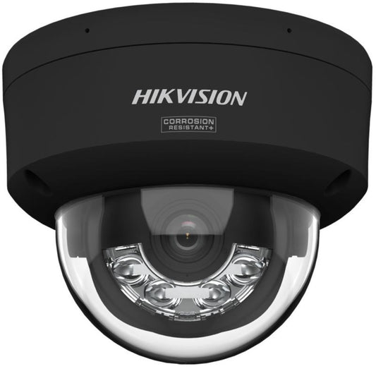 Zwarte Hikvision 8MP ColorVu domecamera met corrosiebestendige behuizing en heldere lens.
