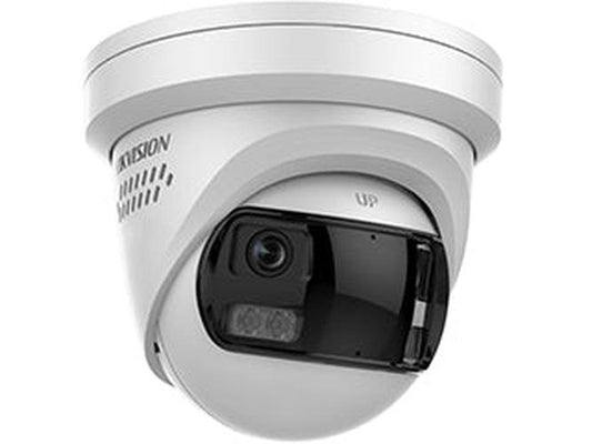 Witte Hikvision 6MP panorama domecamera met 180° lens en actieve afschrikking in een compact design.