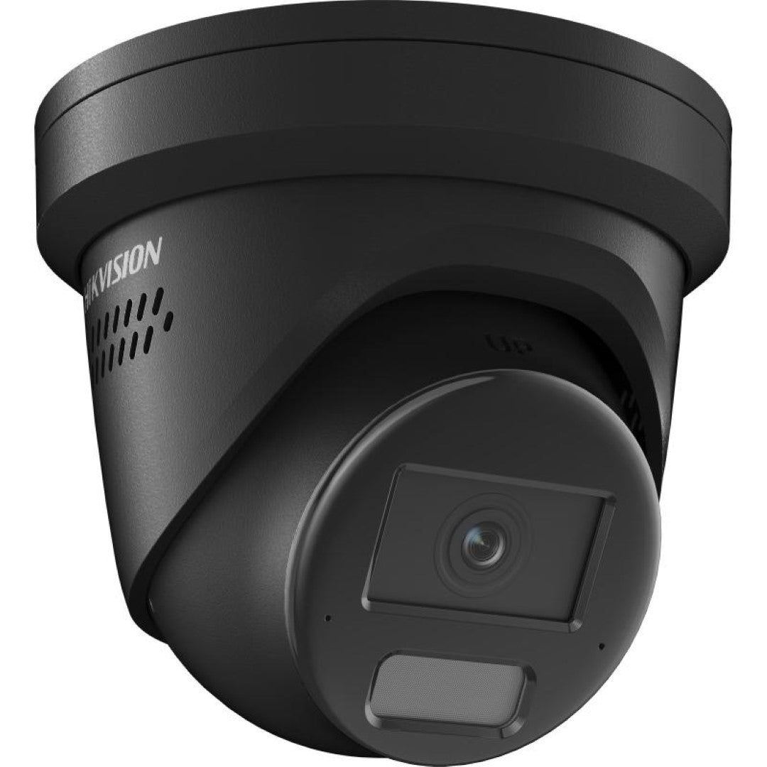 Zwarte Hikvision 4MP AcuSense turret beveiligingscamera met 2.8mm lens en actieve afschrikking.