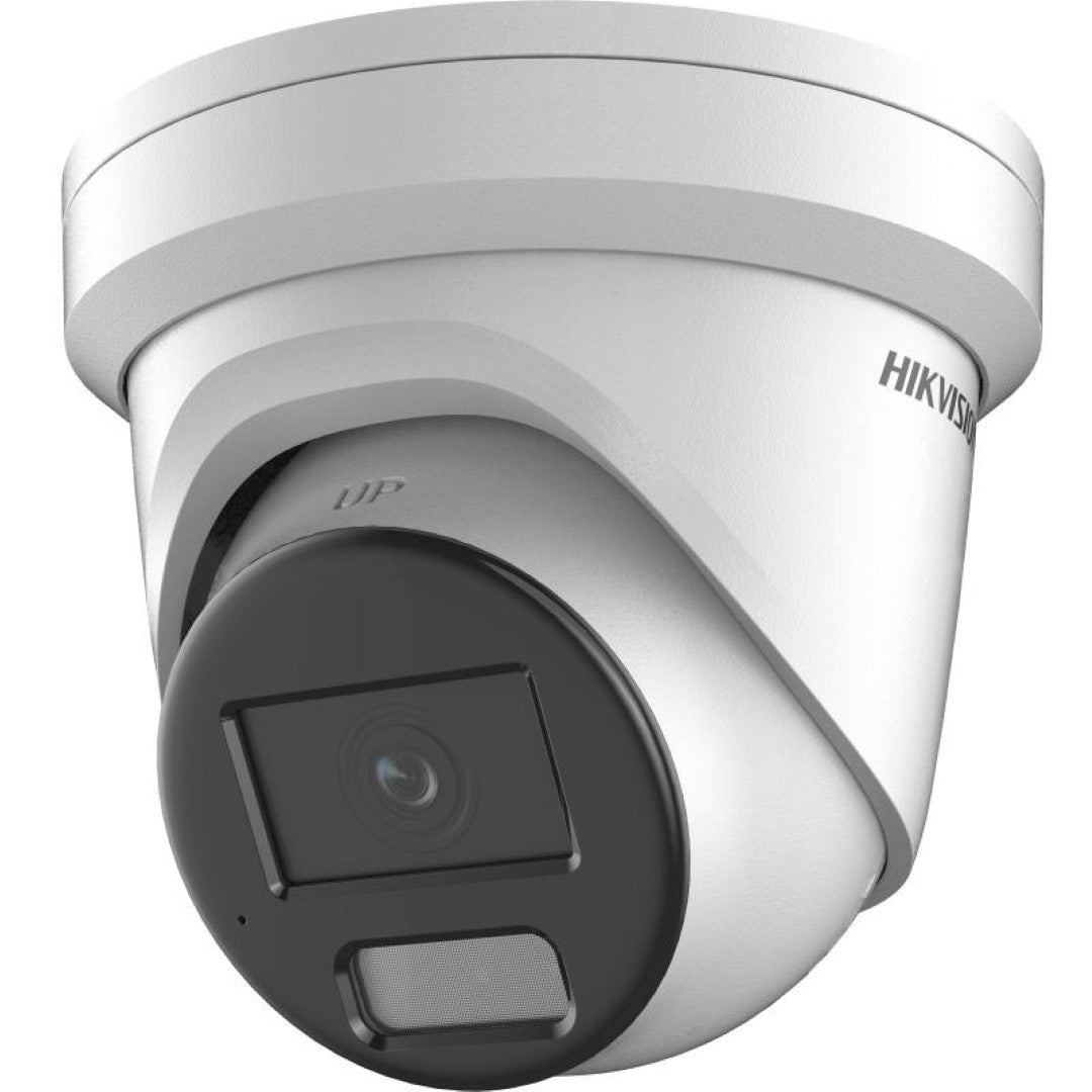 Witte Hikvision 4MP AcuSense turret beveiligingscamera met zwarte lensmodule en ingebouwde microfoon.