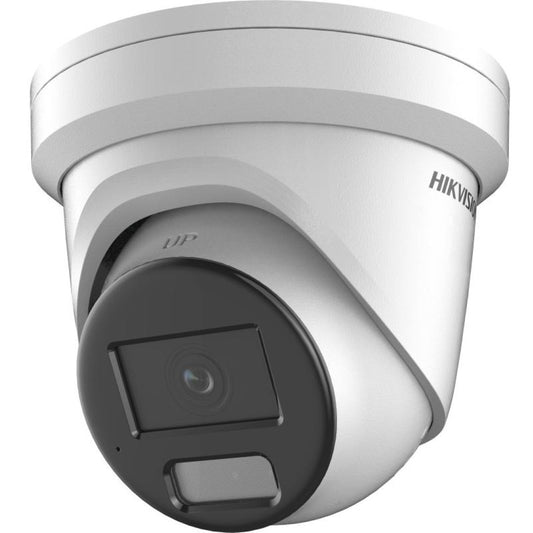 Witte Hikvision 4MP AcuSense turret beveiligingscamera met zwarte lensmodule en ingebouwde microfoon.