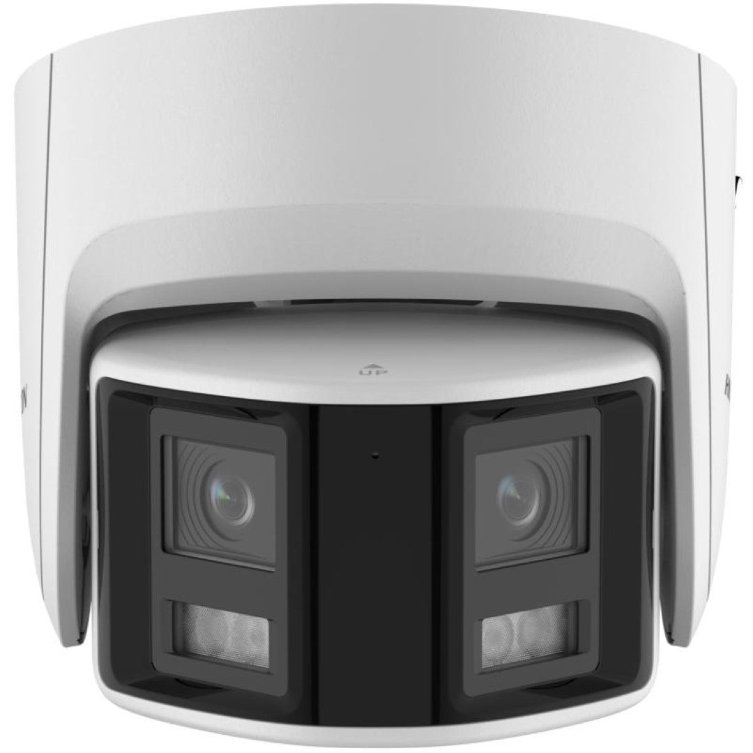 Witte Hikvision 4MP panoramische turret dome camera met dubbele lens en zwarte frontplaat voor buitenbeveiliging.