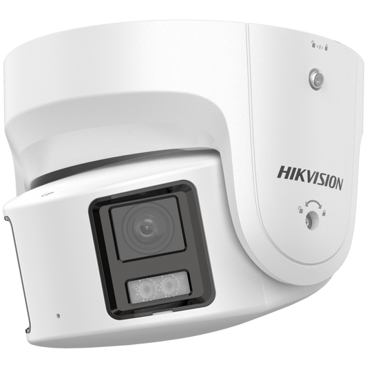 Witte Hikvision 4MP ColorVu panoramische turret dome IP-camera met 180 graden lens voor buitenbewaking.