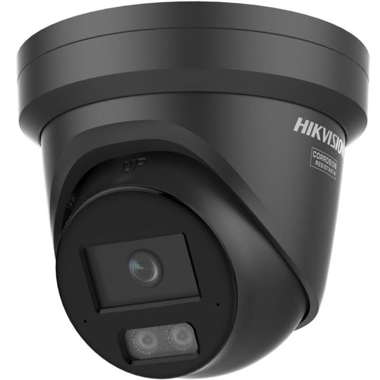 Zwarte Hikvision 4MP ColorVu turret camera met actieve afschrikking en corrosiebestendige behuizing.