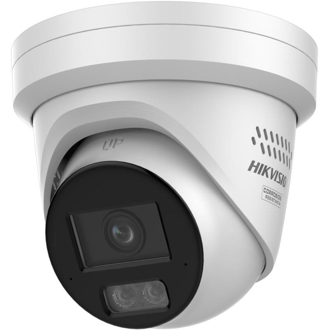 Witte Hikvision ColorVu turret camera met 4mm lens, stroboscoop en corrosiebestendige behuizing.