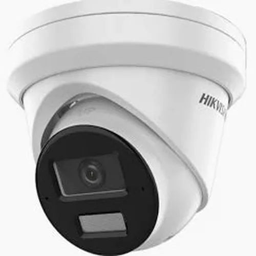 Witte Hikvision 8MP 4K AcuSense dome beveiligingscamera met zwarte lensmodule en ingebouwde microfoon.