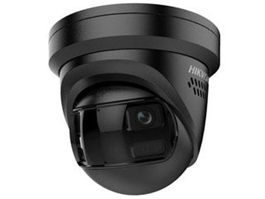 Zwarte Hikvision 8MP panoramische turret camera met 180° lens en ingebouwde speaker voor buitenbeveiliging.