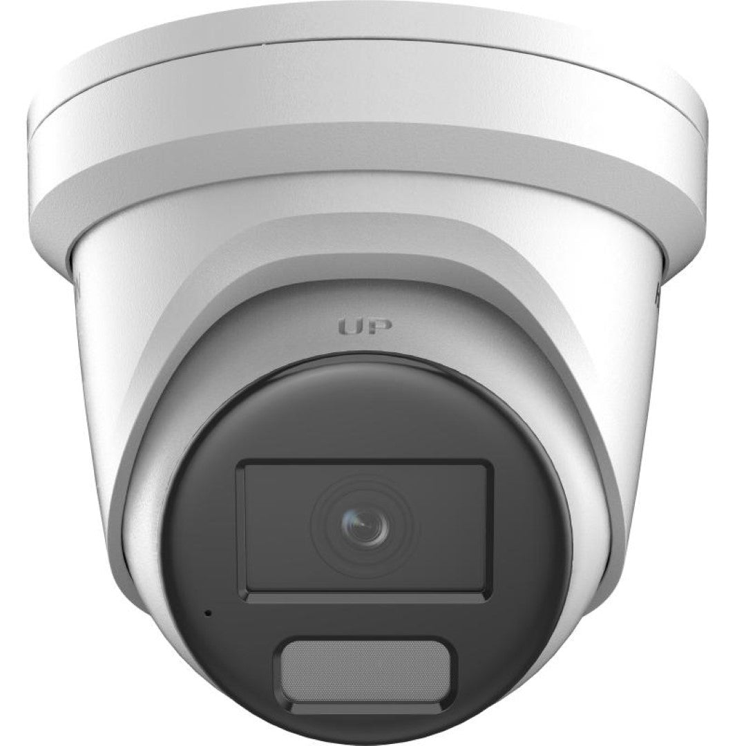 Witte Hikvision 8MP AcuSense turret beveiligingscamera met zwarte lensmodule en ingebouwde microfoon.