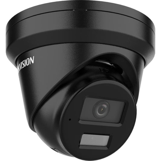 Zwarte Hikvision 8MP 4K AcuSense turret beveiligingscamera met 2.8mm lens en ingebouwde microfoon.