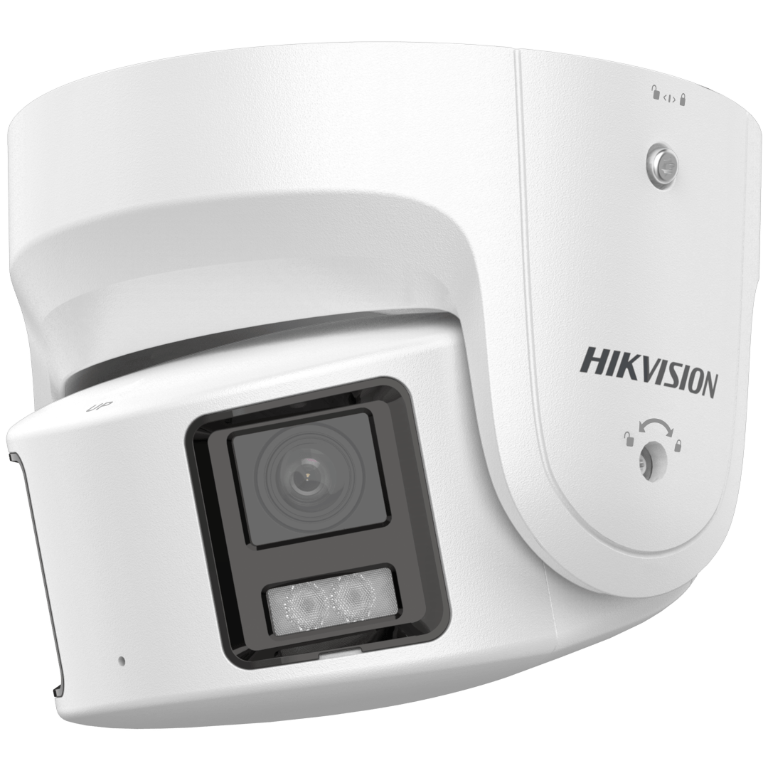 Witte Hikvision 8MP panoramische turret IP-camera met ColorVu-technologie en actieve afschrikking.