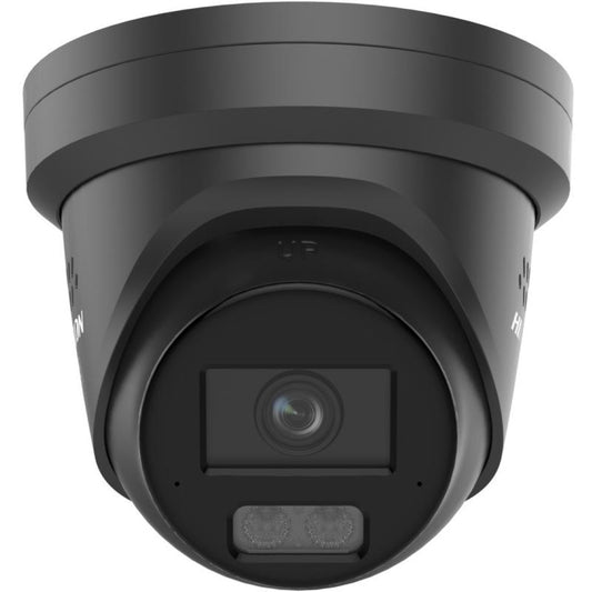 Zwarte Hikvision 8MP 4K ColorVu turret beveiligingscamera met 2.8mm lens en actieve afschrikkingsfuncties.