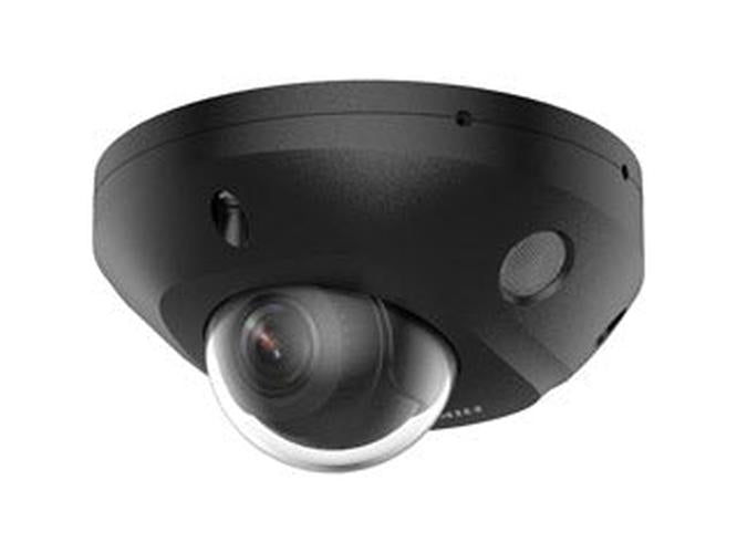 Zwarte Hikvision 4MP mini dome IP-camera met compact design en actieve afschrikking voor buiten.