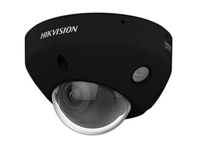 Zwarte Hikvision AcuSense 4MP mini dome beveiligingscamera met varifocale lens en robuuste behuizing.