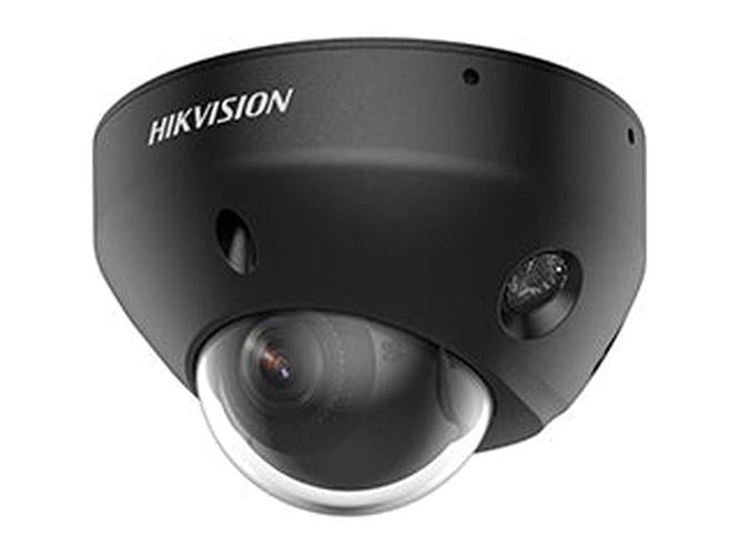 Zwarte Hikvision 8MP mini dome IP-camera met actieve afschrikking en compact design voor buitenmontage.