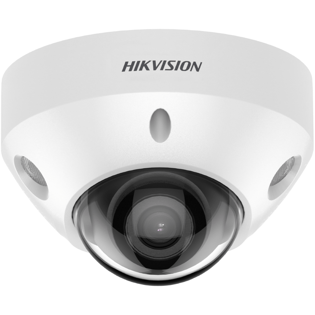 Witte Hikvision 8MP AcuSense mini dome beveiligingscamera met 2.8mm lens en donkere lenskap voor professionele bewaking.