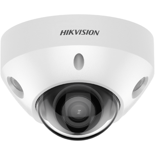 Witte Hikvision 8MP AcuSense mini dome beveiligingscamera met 2.8mm lens en donkere lenskap voor professionele bewaking.