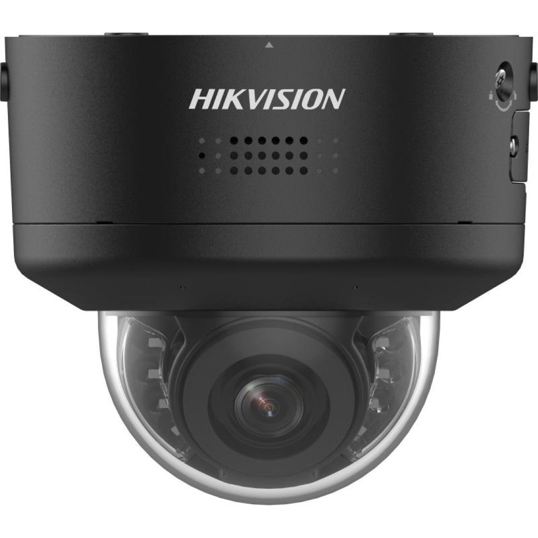 Zwarte Hikvision 4MP ColorVu PTZ mini dome-camera met varifocale lens en actieve afschrikking.