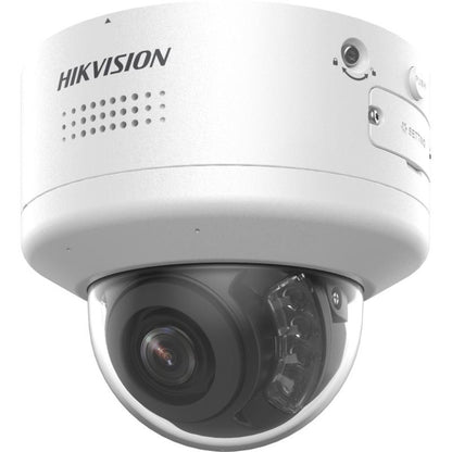 Witte Hikvision 4MP ColorVu PTZ mini dome-camera met varifocale lens en ingebouwde luidspreker voor actieve afschrikking.