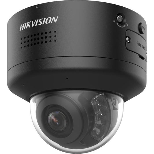 Zwarte Hikvision 4K ColorVu PTZ mini dome camera met varifocale lens en robuuste behuizing voor buitenbeveiliging.