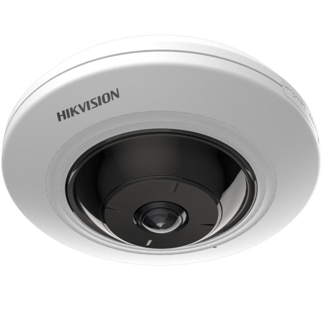 Witte Hikvision 5MP fisheye dome IP-camera met panoramische lens en compact rond design voor buitenmontage.