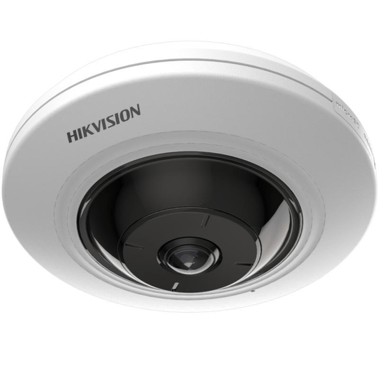 Witte Hikvision 5MP fisheye dome IP-camera met panoramische lens en compact rond design voor buitenmontage.