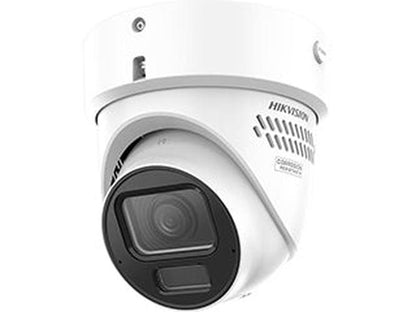 Witte Hikvision AcuSense dome camera met 2.8-12mm lens en actieve afschrikking in robuuste behuizing.