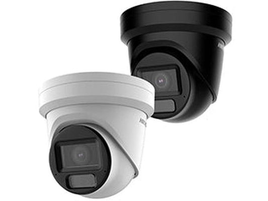 Witte en zwarte Hikvision 8MP AcuSense turret beveiligingscamera's met varifocale lens.