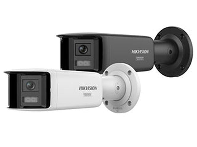 Witte en zwarte Hikvision 12MP ColorVu 180° bullet camera's voor buiten met stroboscoop en muurbevestiging.