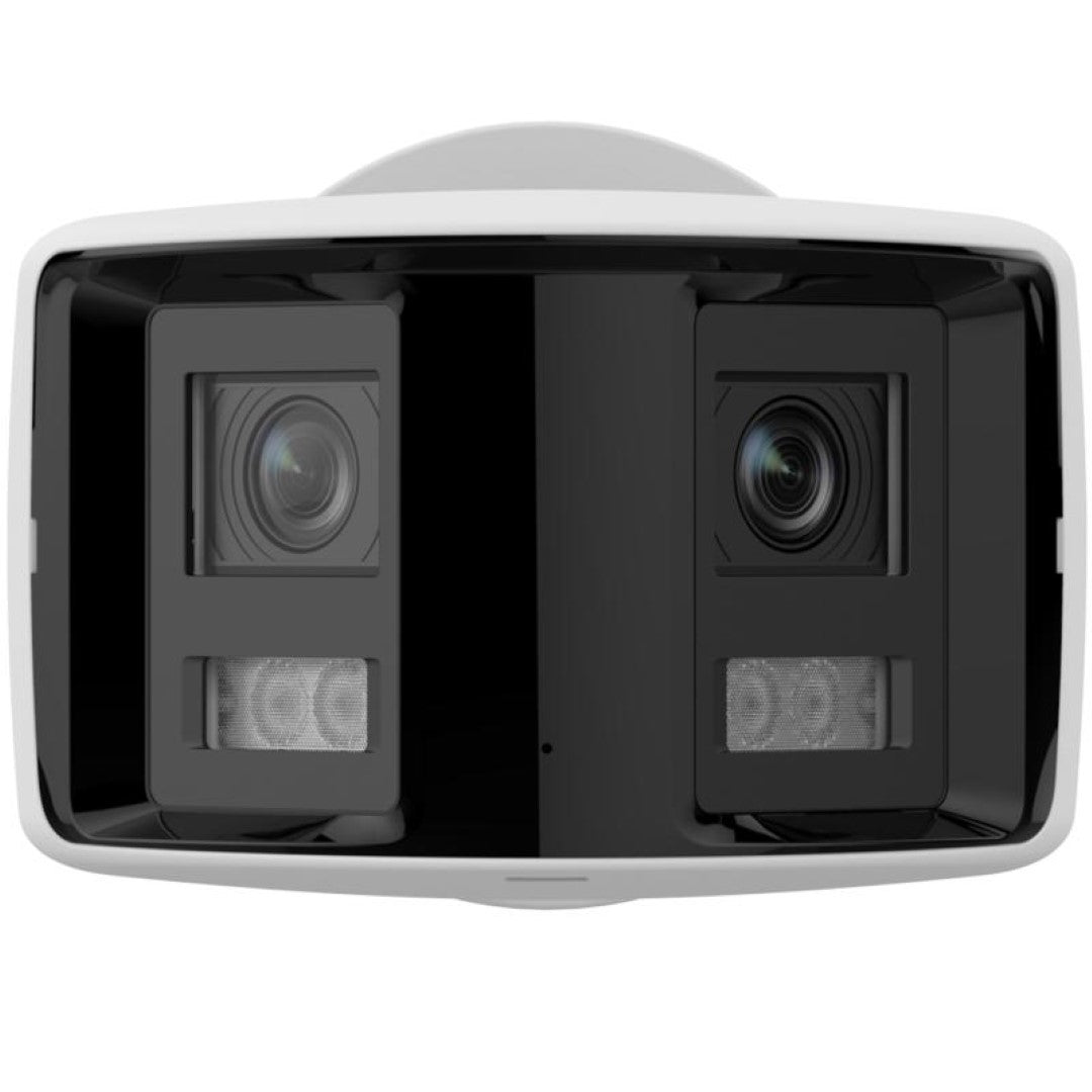 Witte Hikvision panoramische bullet IP-camera met dubbele lens voor 180 graden breedbeeld buitenbewaking.