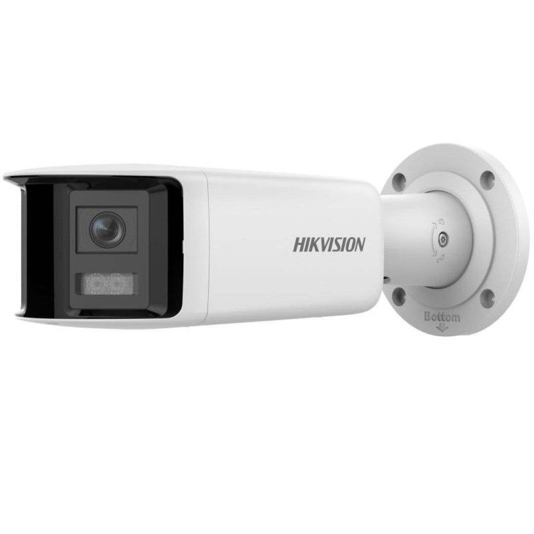 Witte Hikvision 4MP panoramische bullet IP-camera met 180° lens, strak design en ronde muurbevestiging voor buiten.