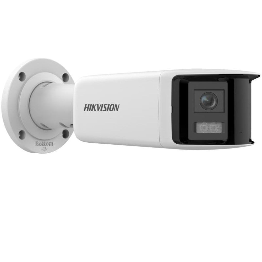 Witte Hikvision panoramische bullet IP-camera met 180° lens en wandmontagebeugel voor buitenbeveiliging.
