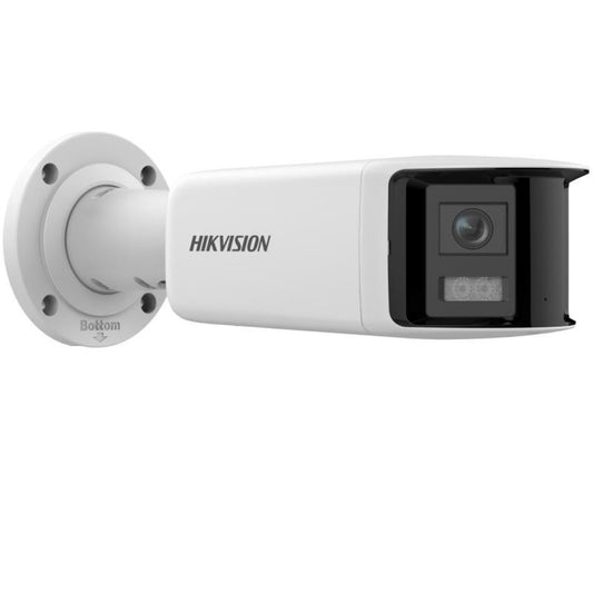 Witte Hikvision panoramische bullet IP-camera met 180° lens en wandmontagebeugel voor buitenbeveiliging.