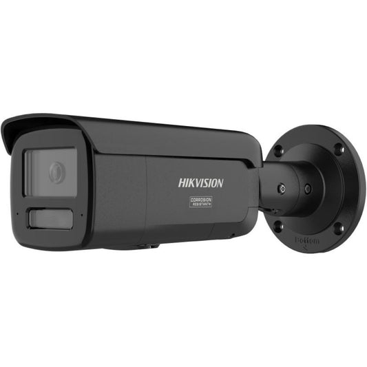 Matte zwarte Hikvision ColorVu bullet camera met 4MP lens, actieve afschrikking en corrosiebestendige behuizing.