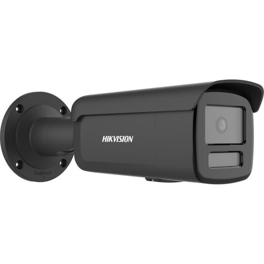 Zwarte Hikvision 8MP 4K AcuSense bulletcamera met 4mm lens en geïntegreerde zonnekap voor professionele beveiliging.