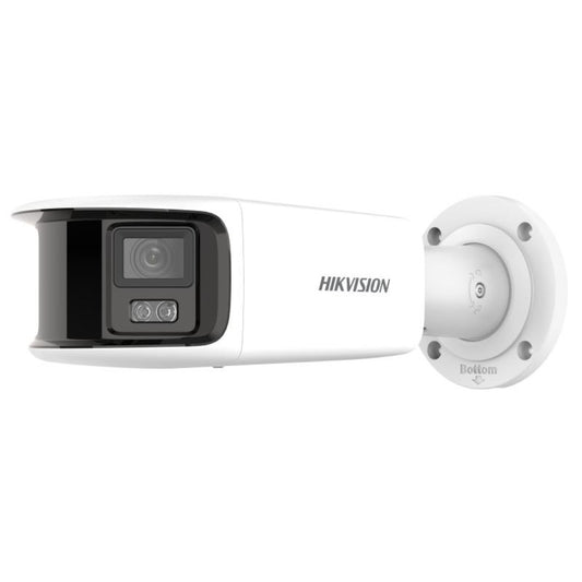 Witte Hikvision 8MP panoramische ColorVu bullet camera met dubbele lens en geïntegreerde muurbevestiging.