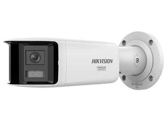 Witte Hikvision 8MP ColorVu bullet camera voor buiten met stroboscoop en verstelbare muurbeugel.