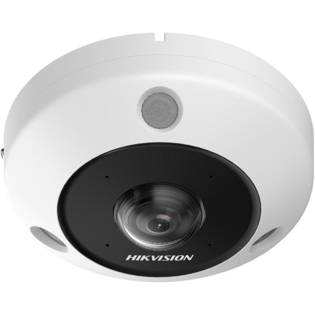 Witte Hikvision 6MP fisheye dome IP-camera met zwarte lensmodule en geïntegreerde microfoon voor panoramisch toezicht.