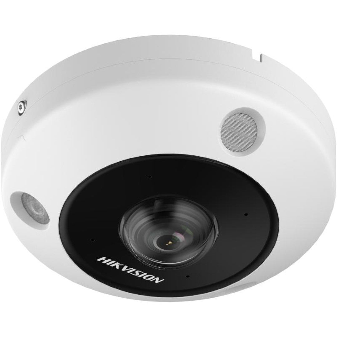 Witte Hikvision 6MP fisheye dome IP-camera met zwarte lens en ingebouwde audio-speakers voor panoramisch toezicht.