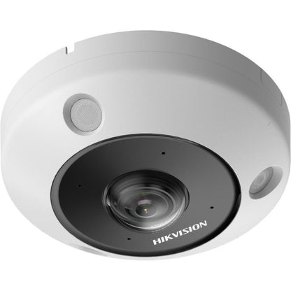 Witte Hikvision 6MP fisheye dome camera met panoramische lens en ingebouwde microfoon voor professionele beveiliging.