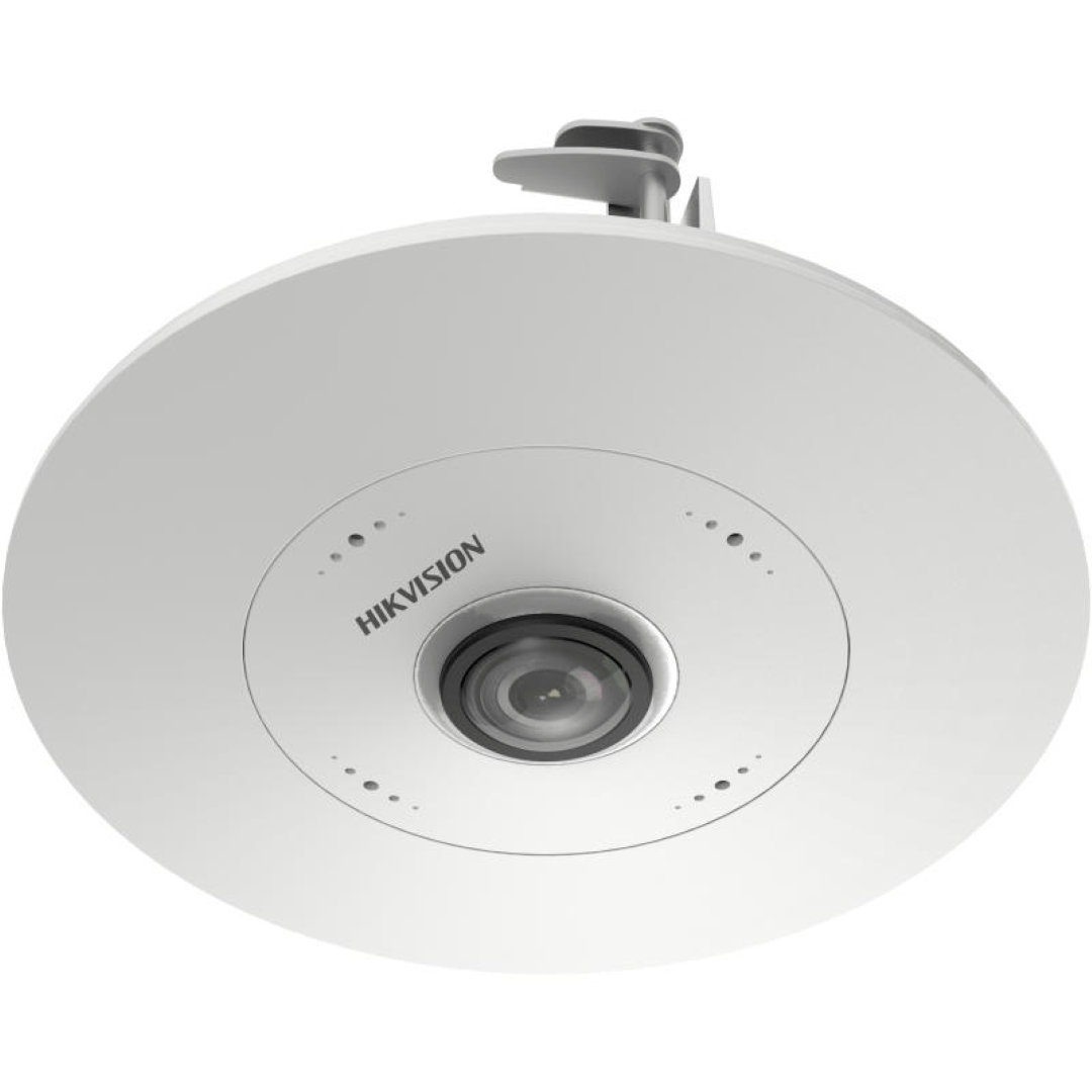 Witte Hikvision 6MP fisheye dome IP-camera voor inbouwmontage in het plafond met een 180 graden panoramische lens.