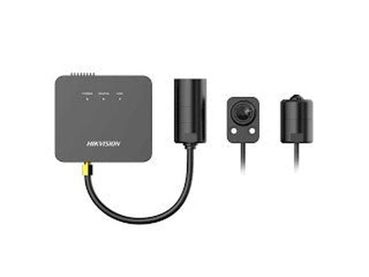Zwarte Hikvision pinhole camera met buisvormige lens en compacte aansluitmodule voor onopvallende installatie.