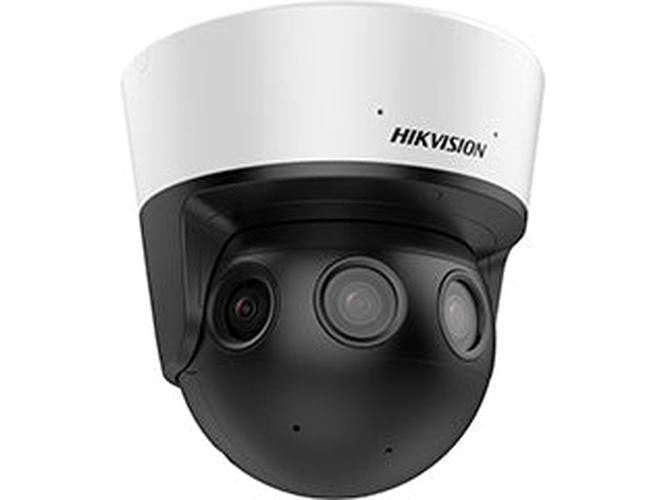 Hikvision 32MP panoramische outdoor camera met witte behuizing en drie zwarte cameralenzen voor 180° overzicht.
